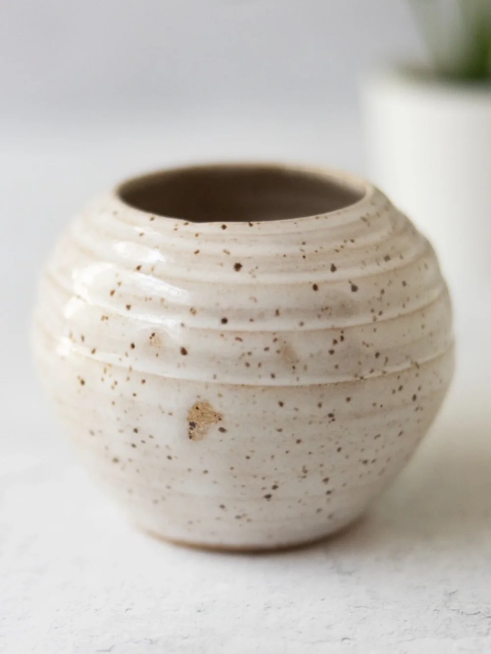 Signed handmade studio pottery pin flower frog ikebana round beige speckled pot